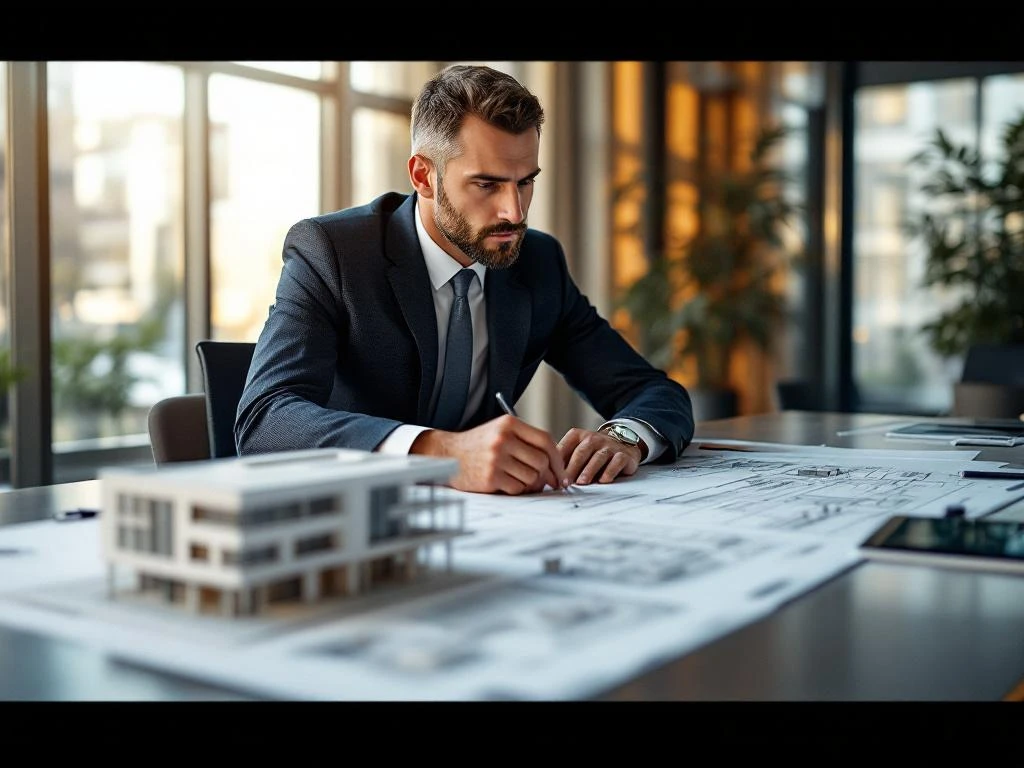 Professionele architect in pak bestudeert bouwplannen aan vergadertafel met schaalmodel en tekengereedschap