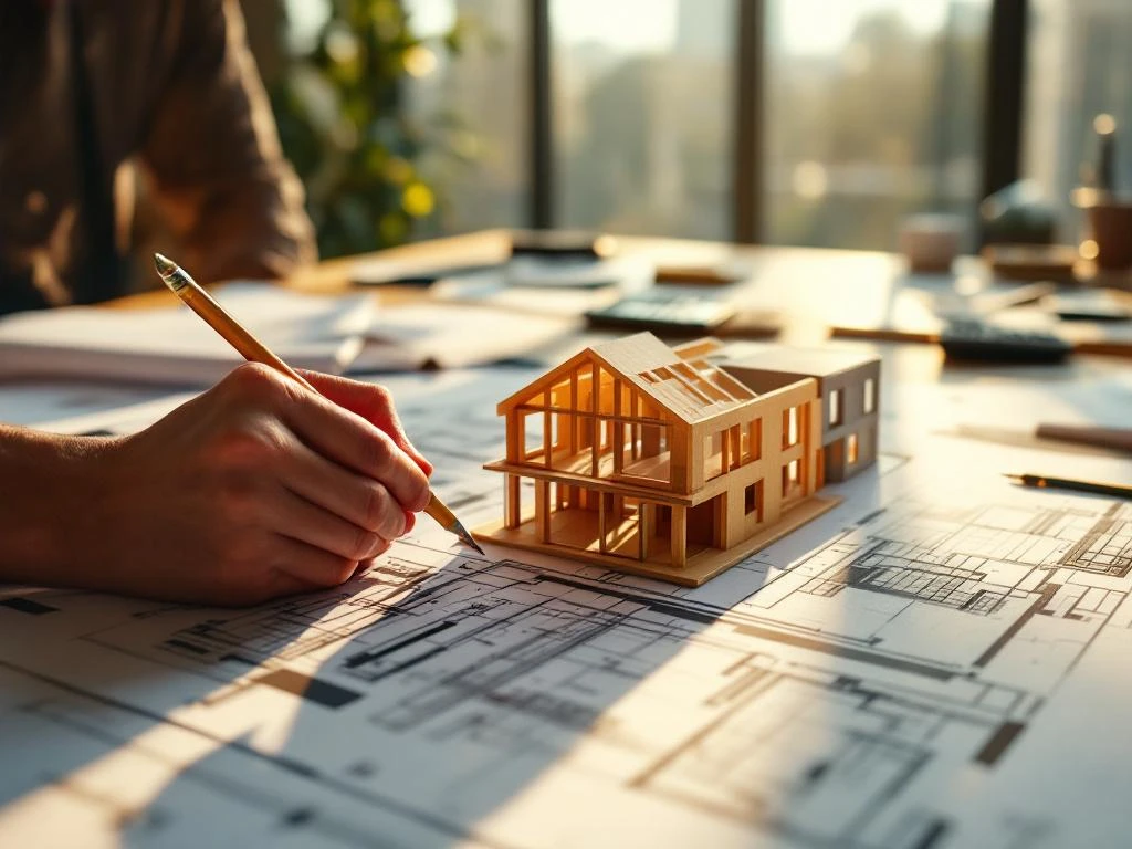 Architect houdt potlood boven bouwplannen met schaalmodel van commercieel gebouw op houten tekentafel