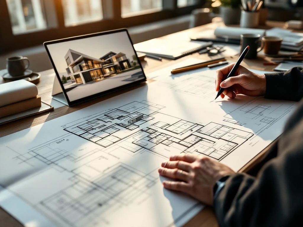 Architect tekent bouwplannen op tekentafel met laptop die 3D-renders toont, tekengereedschap en natuurlijk licht