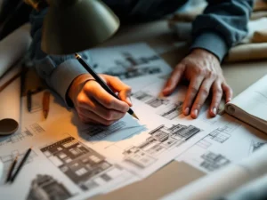 Architect tekent met potlood over bouwplannen en architecturale schetsen op tekentafel onder bureaulamp