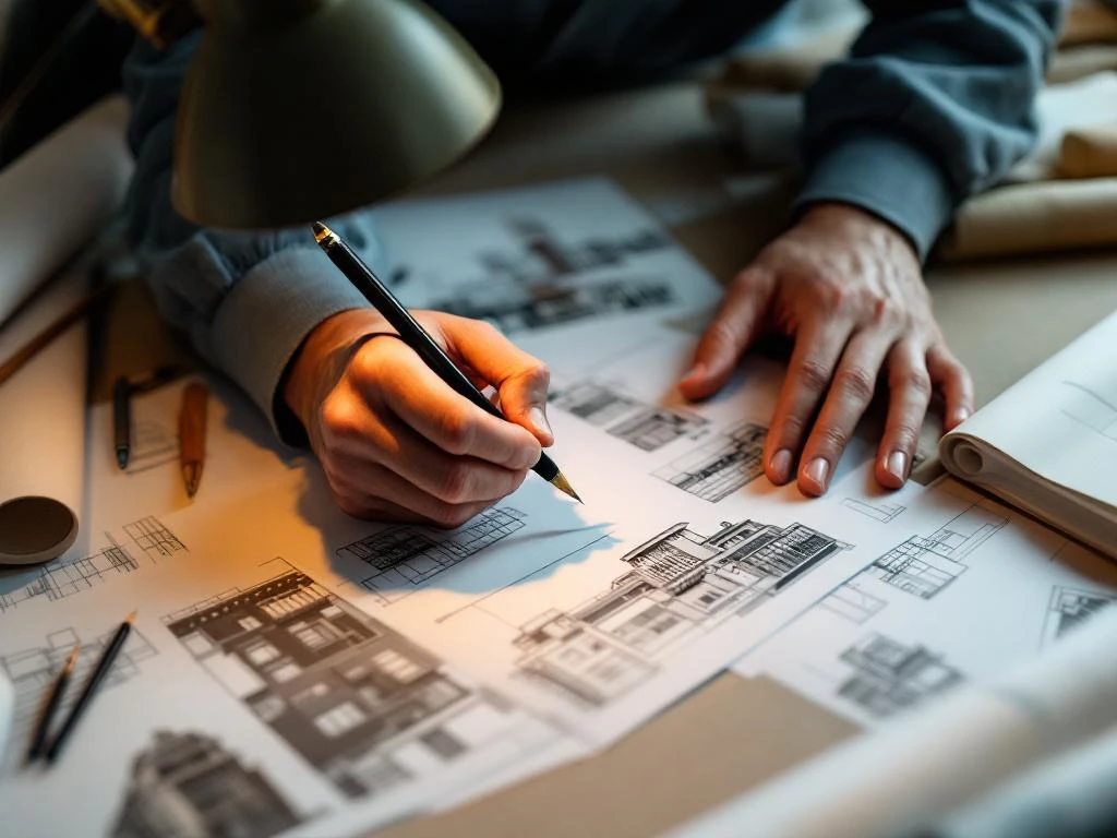 Architect tekent met potlood over bouwplannen en architecturale schetsen op tekentafel onder bureaulamp