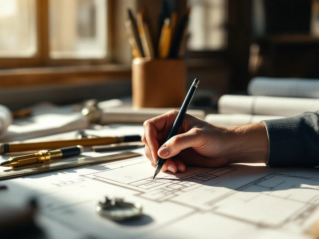 Architect tekent bouwplannen met potlood op wit tekenvel, liniaal en passer op tafel, blauwdrukken op achtergrond