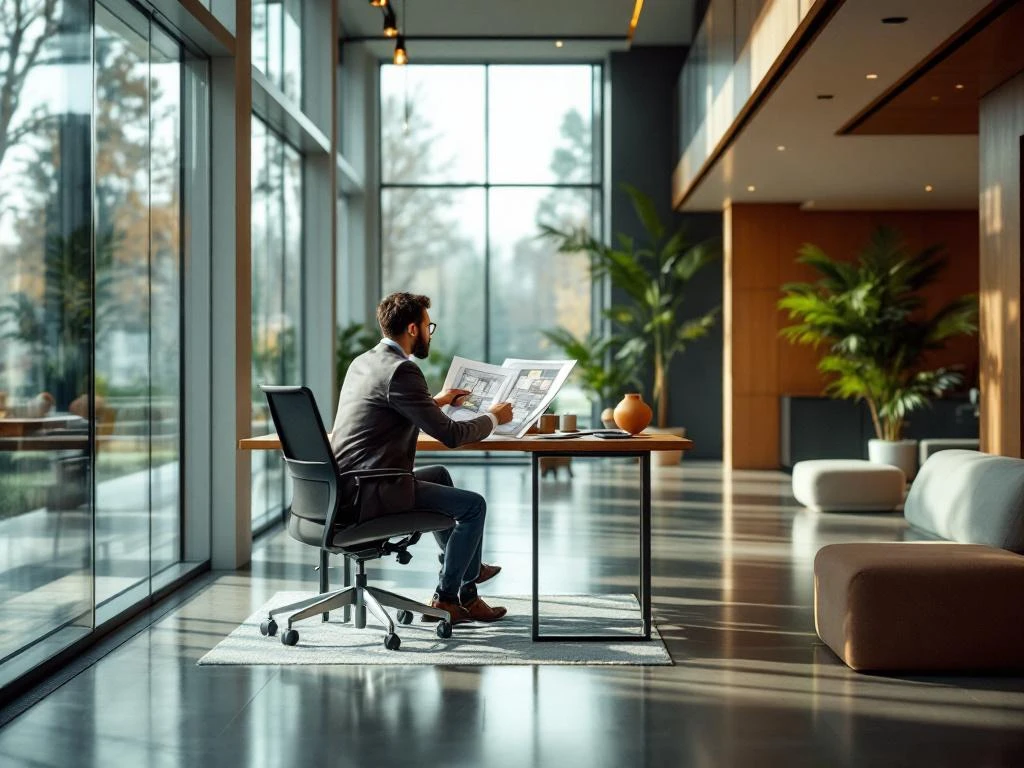 Architect bekijkt plattegronden aan bureau in modern kantoor met houten panelen en glazen scheidingswanden