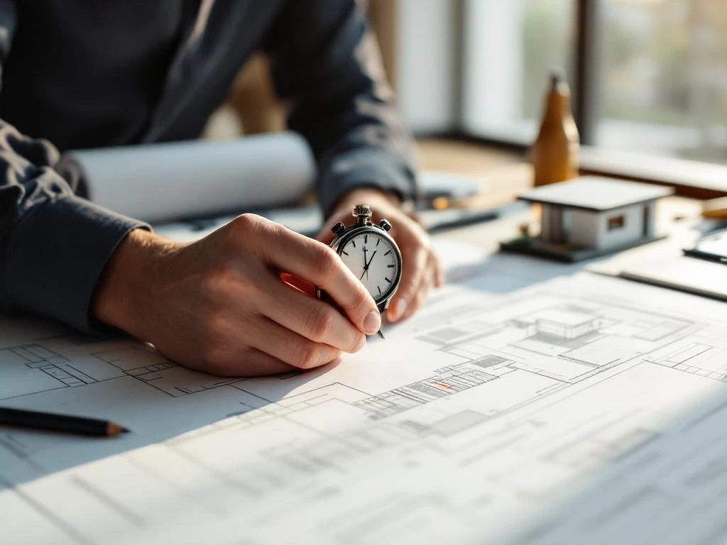 Architect houdt stopwatch vast terwijl hij bouwplannen schetst op houten bureau met tekengereedschap en huismodel