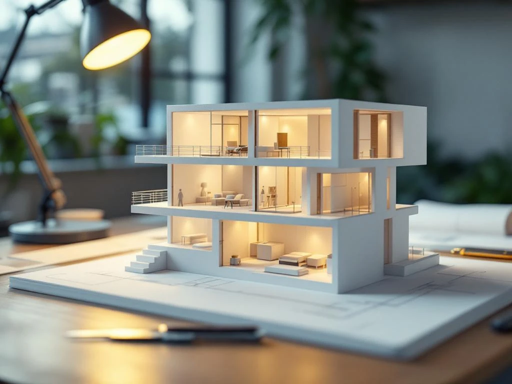 Wit architectuurmodel met meerdere verdiepingen op tekentafel met bureaulamp en passer, zijaanzicht