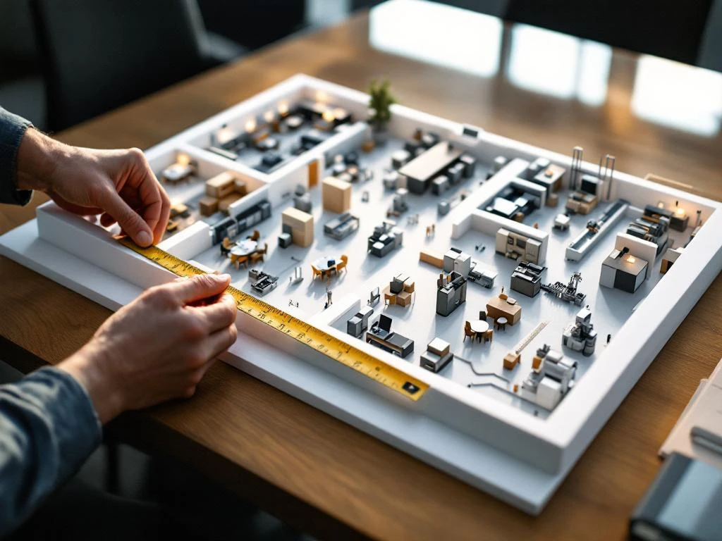 Architecturale maquette van moderne kantoorindeling op vergadertafel, architect meet ruimtes met liniaal