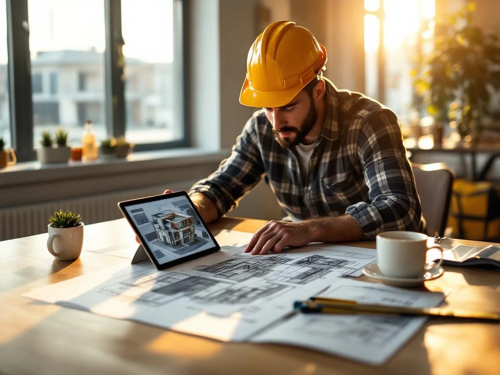 Bouwvakker in helm bestudeert architecturale blauwdrukken op houten tafel met tablet en meetgereedschap