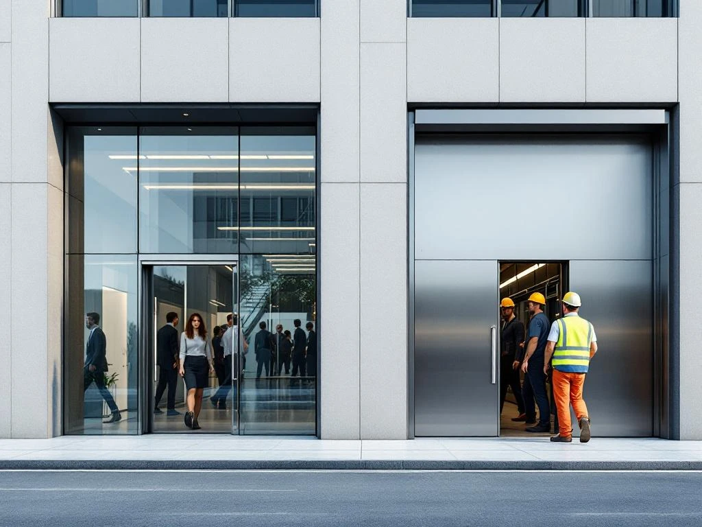 Modern kantoorgebouw met twee ingangen: glazen deuren voor kantoorpersoneel en industriële deuren voor werknemers