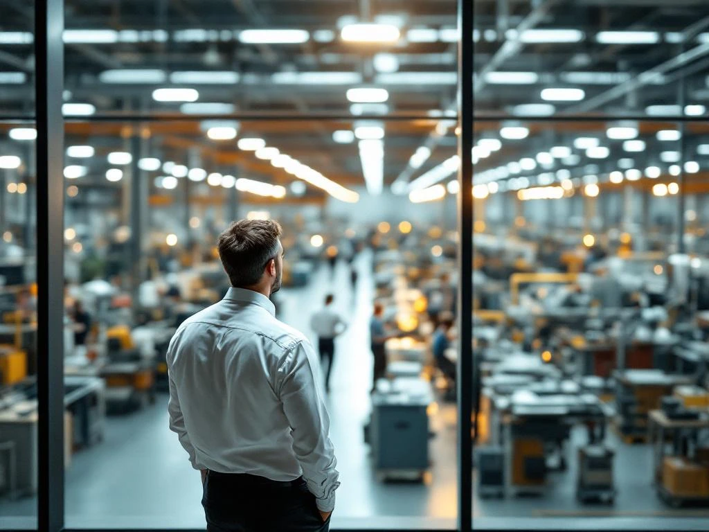 Directeur in wit overhemd kijkt vanuit glazen kantoor naar werknemers die machines bedienen op productievloer