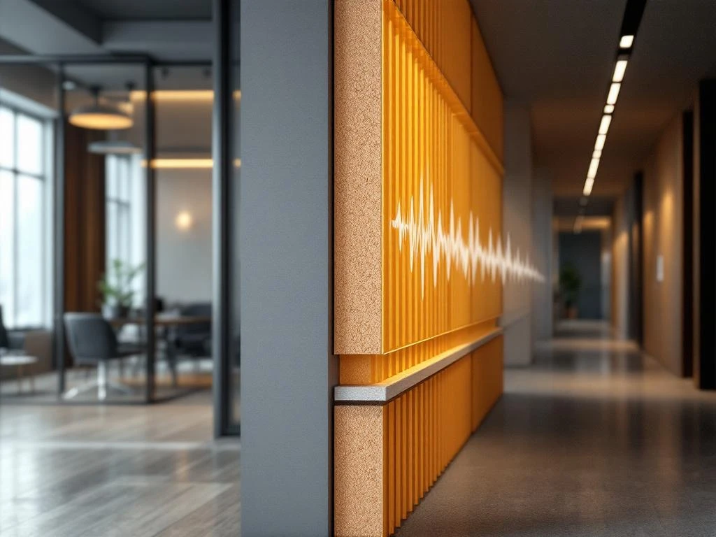 Doorsnede kantoorwand toont gelaagde geluidsisolatie met schuimpanelen en akoestische materialen tussen kantoor en hal