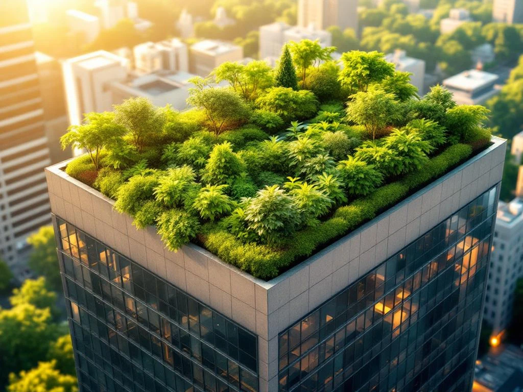 Modern kantoorgebouw met weelderige groene daktuin vol bloeiende planten en bomen, gefotografeerd vanuit luchtperspectief