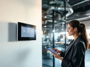 Professionele vrouw past klimaatbeheersing aan op tablet in modern kantoor met digitale thermostaat en HVAC-systeem