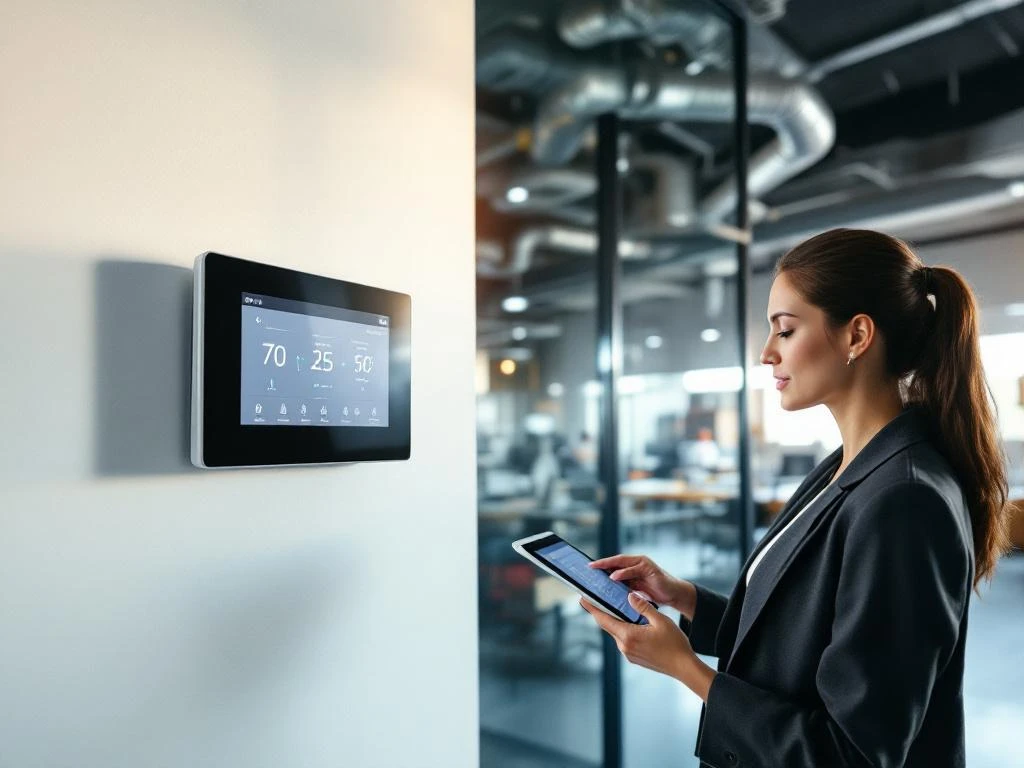 Professionele vrouw past klimaatbeheersing aan op tablet in modern kantoor met digitale thermostaat en HVAC-systeem