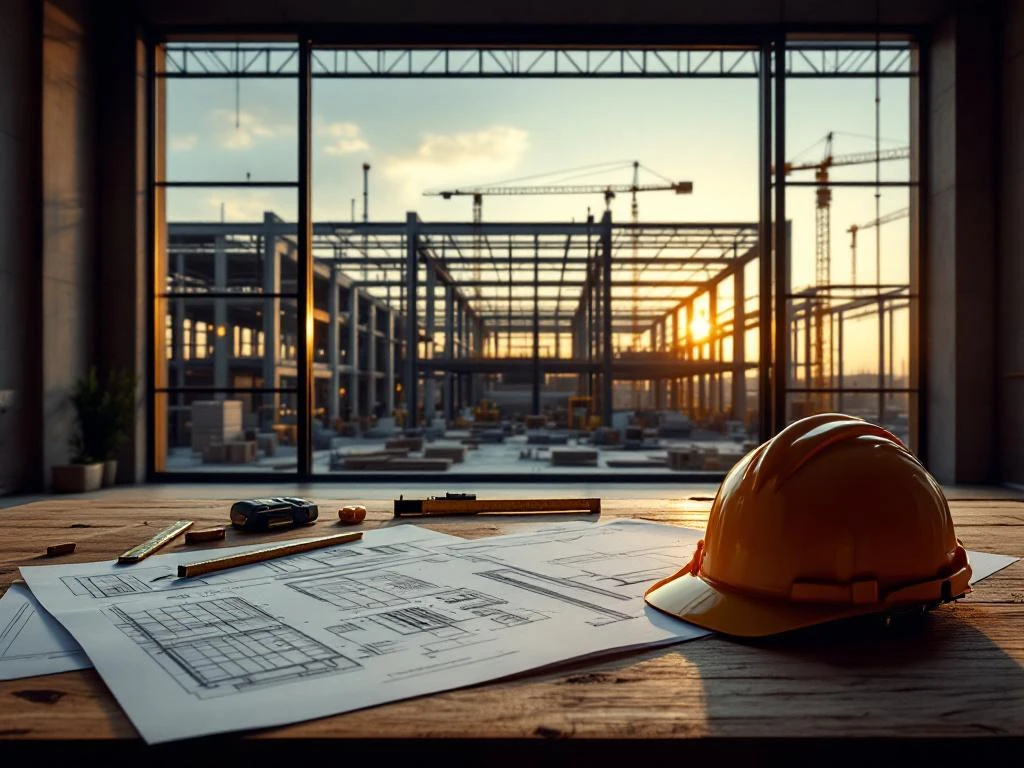 Moderne industriële bouw in aanbouw met blauwdrukken, helm en gereedschap op tafel, gouden uurtje verlichting