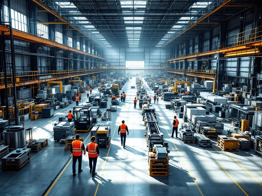 Moderne industriële magazijnvloer met geoptimaliseerde productielijn, machines en werknemers in veiligheidsvesten