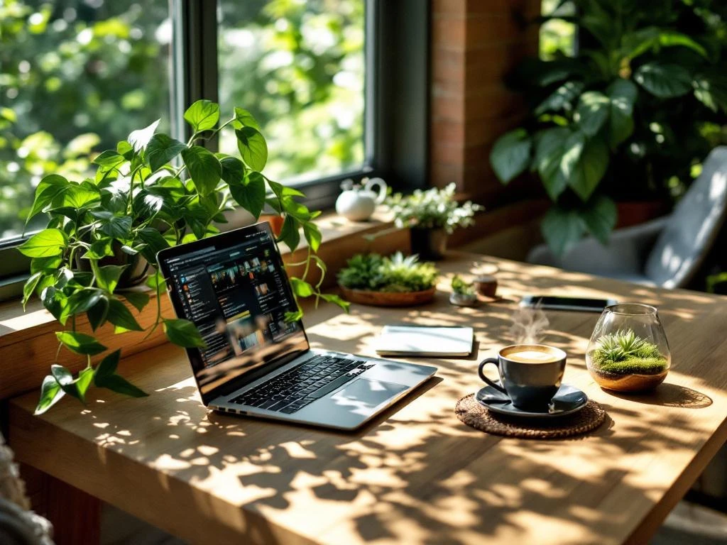Modern bureau met welige pothos plant, laptop, terrarium en koffie bij raam met natuurlijk licht en groene uitzicht