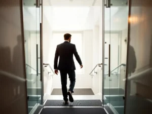 Professionele kantoormedewerker loopt door moderne glazen deuropening naar verlichte gang, vastgrijpend aan leuning