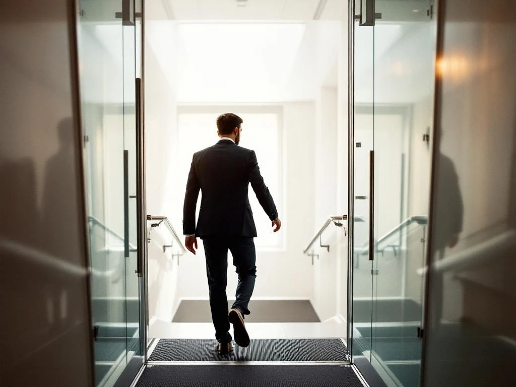 Professionele kantoormedewerker loopt door moderne glazen deuropening naar verlichte gang, vastgrijpend aan leuning