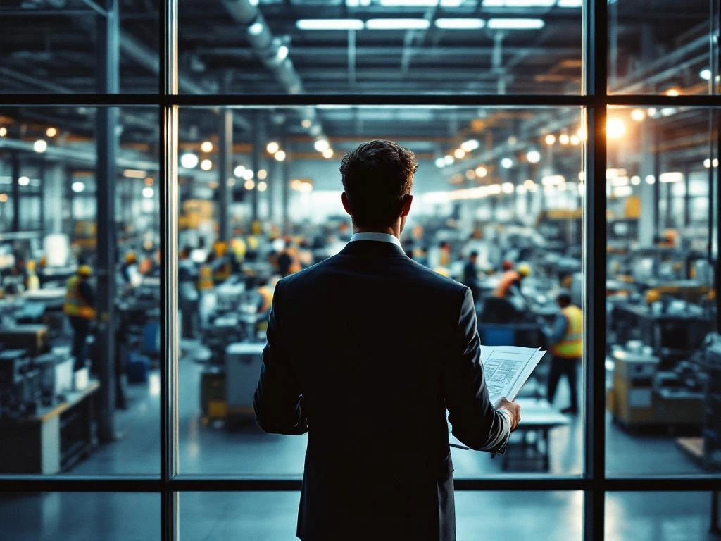 Manager met bouwplannen kijkt vanuit glazen kantoor naar productievloer met arbeiders in veiligheidsvesten