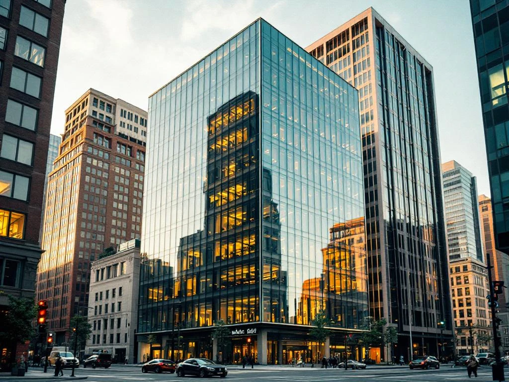 Modern glazen kantoorgebouw met geometrische lijnen tussen diverse architectuurstijlen in zakendistrict tijdens gouden uur