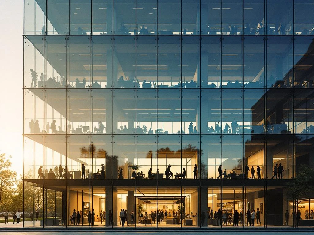 Modern glazen kantoorgebouw met zichtbare werknemers, sportschool en winkel op verschillende verdiepingen bij zonsondergang