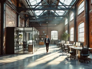 Moderne kantoorruimte in industriële loods met bakstenen muren, glazen scheidingswanden en professionele werker
