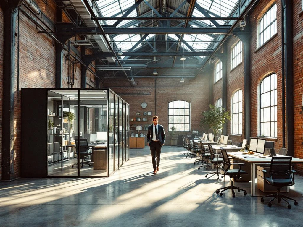 Moderne kantoorruimte in industriële loods met bakstenen muren, glazen scheidingswanden en professionele werker