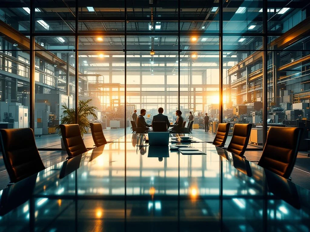 Moderne glazen kantoorruimte geïntegreerd in industriële fabriek met vergadertafel, werknemers en productieapparatuur