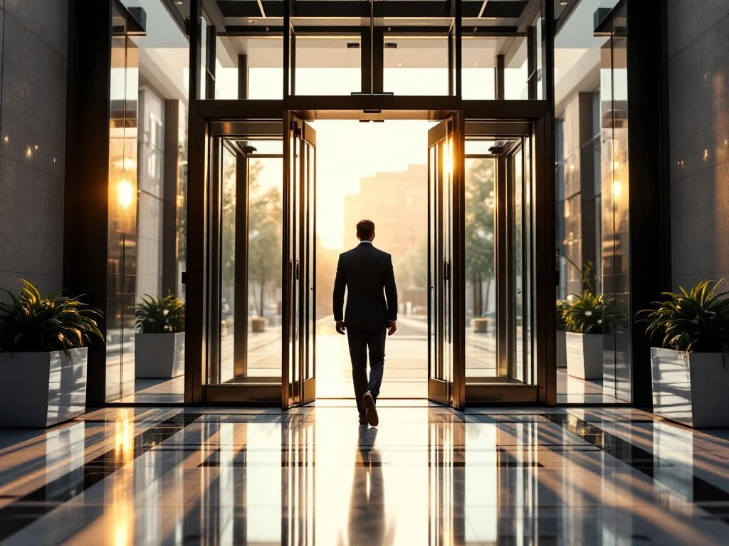Zakenman loopt door moderne glazen kantoorgebouw ingang met automatische deuren en marmeren vloer