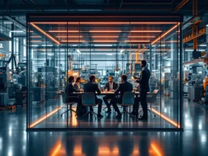 Glazen vergaderruimte op productievloer met zakenmensen in vergadering terwijl machines op achtergrond opereren