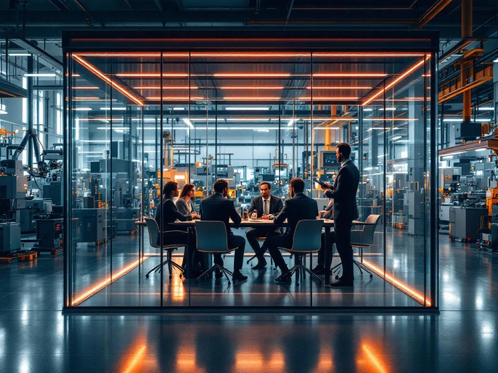 Glazen vergaderruimte op productievloer met zakenmensen in vergadering terwijl machines op achtergrond opereren