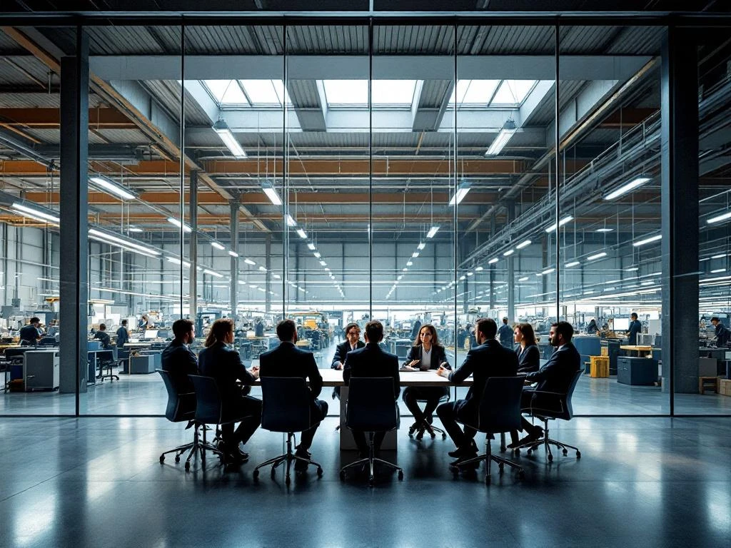 Zakelijke professionals in vergaderruimte met glazen wand die uitkijkt op actieve productiehallen met werknemers