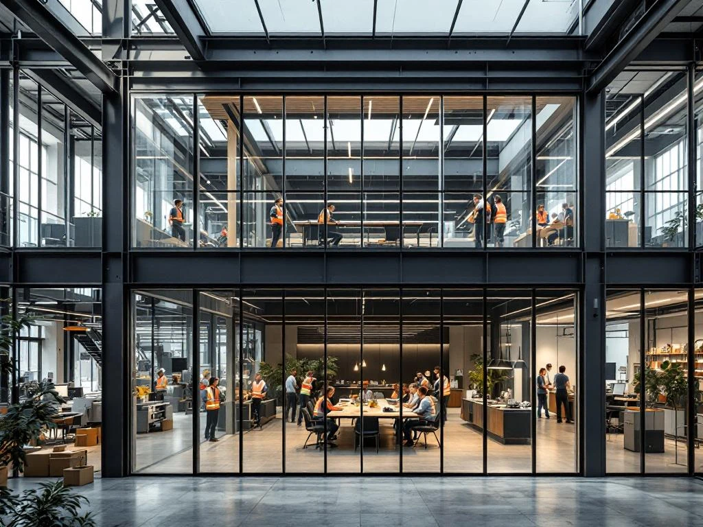 Moderne tweeverdiepings industriële fabriek met glazen kantoren boven productievloer, arbeiders en zakenmensen