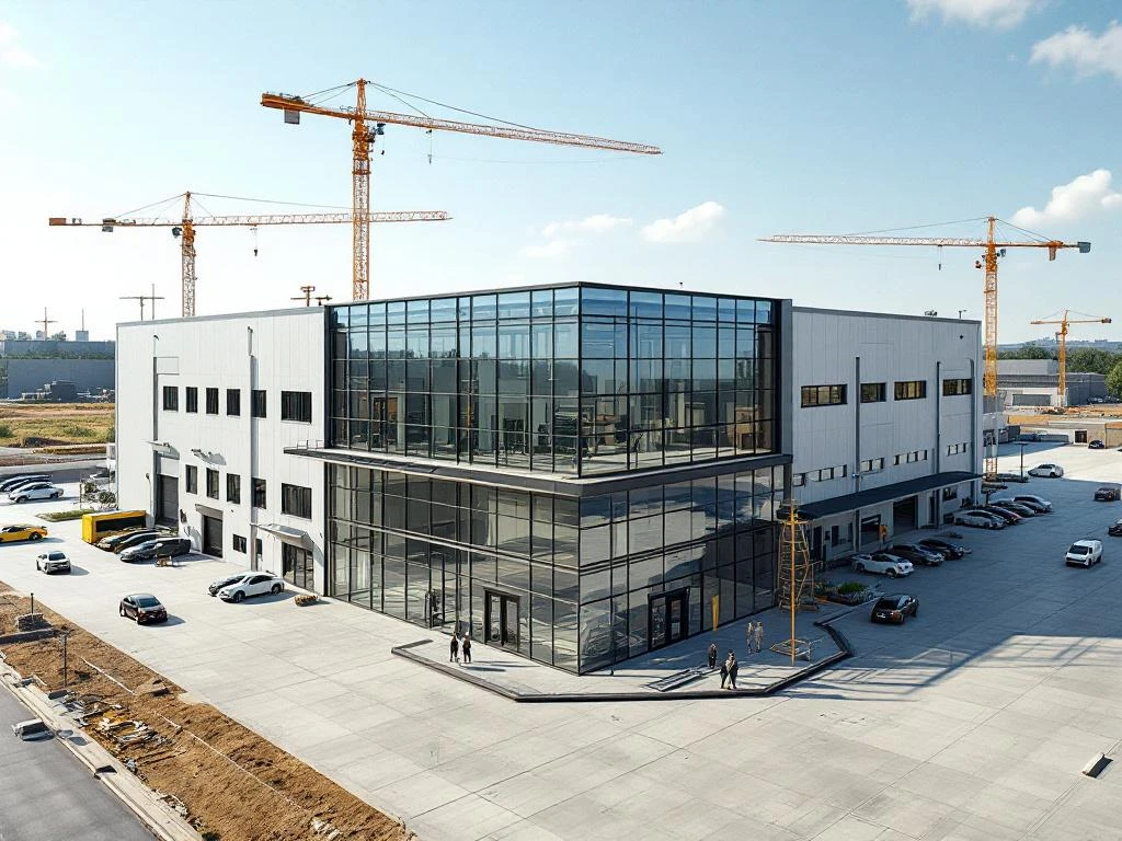 Moderne industriële hal met kantoorgedeelte en magazijn, modulaire staalconstructie, bouwkranen op achtergrond