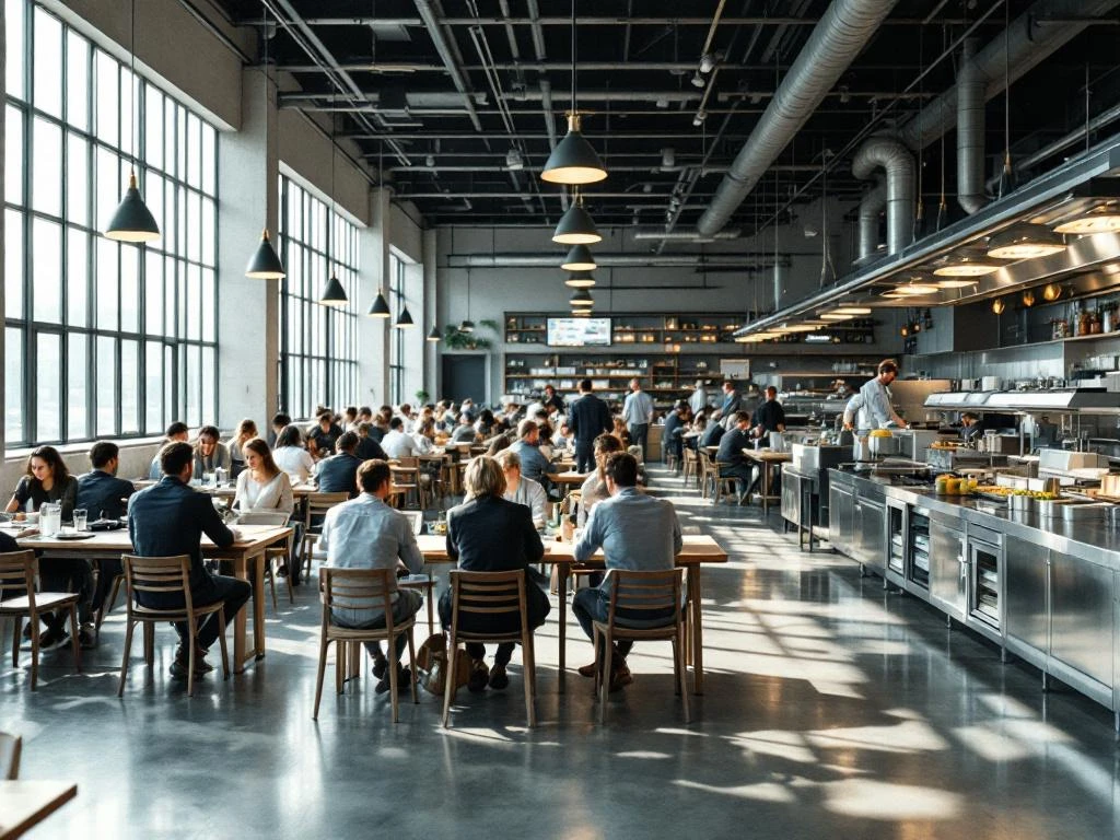 Moderne industriële cafetaria met kantoormedewerkers en fabrieksarbeiders die samen dineren aan houten tafels
