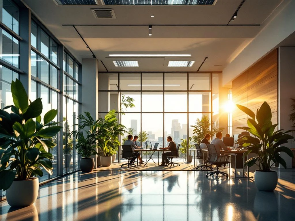 Modern kantoorgebouw met energiezuinige LED-verlichting, grote ramen, werknemers aan ergonomische bureaus en zonnepanelen