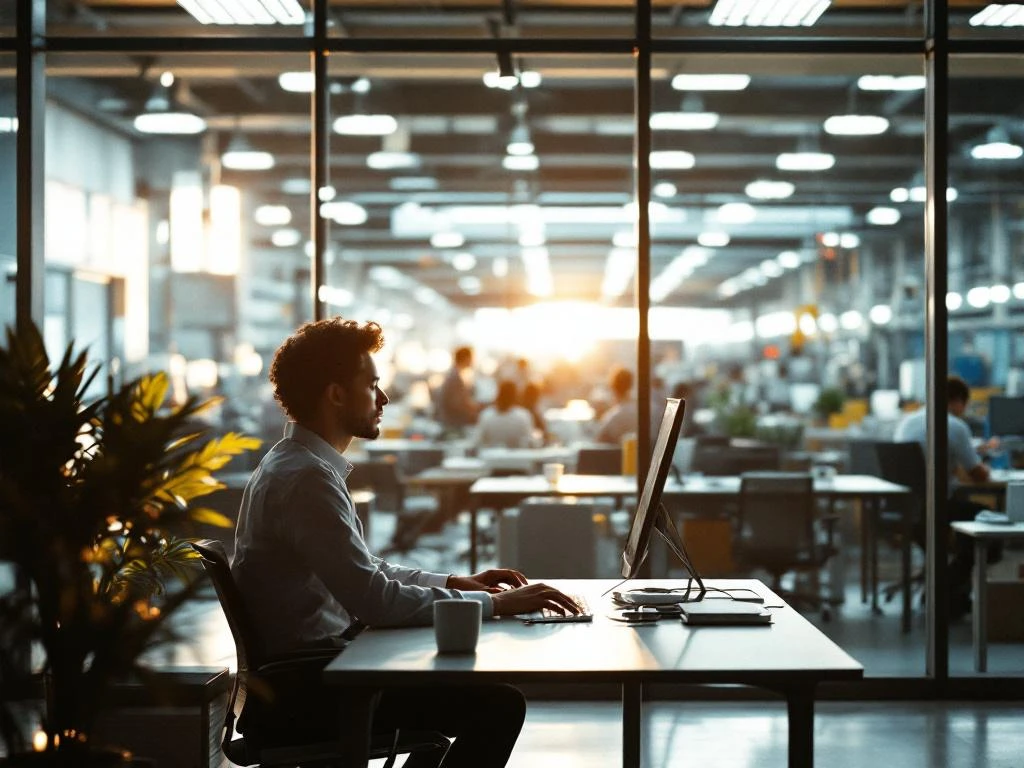 Zakenman werkt rustig aan bureau in modern kantoor met glazen wand naar drukke productiehall op achtergrond