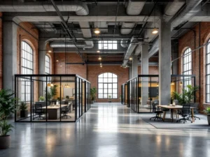 Moderne open kantoorruimte in industrieel pakhuis met glazen vergaderruimten, bakstenen zuilen en stalen balken