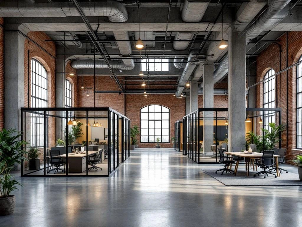 Moderne open kantoorruimte in industrieel pakhuis met glazen vergaderruimten, bakstenen zuilen en stalen balken