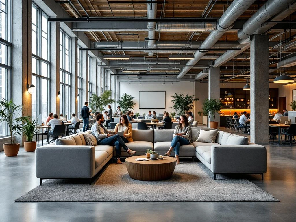 Moderne kantoorlounge met grijze banken tussen werkplekken, medewerkers in gesprek, natuurlijk licht door ramen