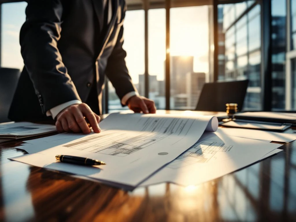 Zakenman in pak bestudeert bouwvergunningen en juridische documenten op bureau in modern kantoor