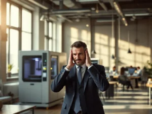 Zakenman in pak bedekt oren vanwege lawaai van industriële 3D-printer in modern kantoor met geluidsisolatie