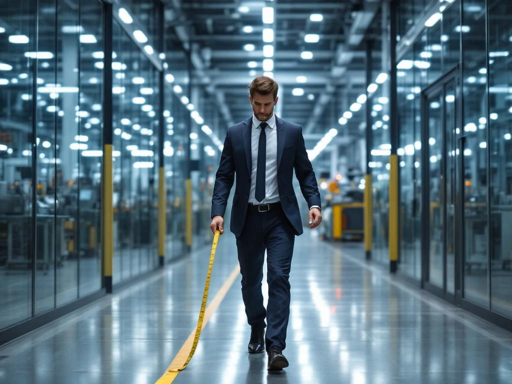 Professionele manager loopt met meetlint door moderne fabriek van kantoor naar productieruimte