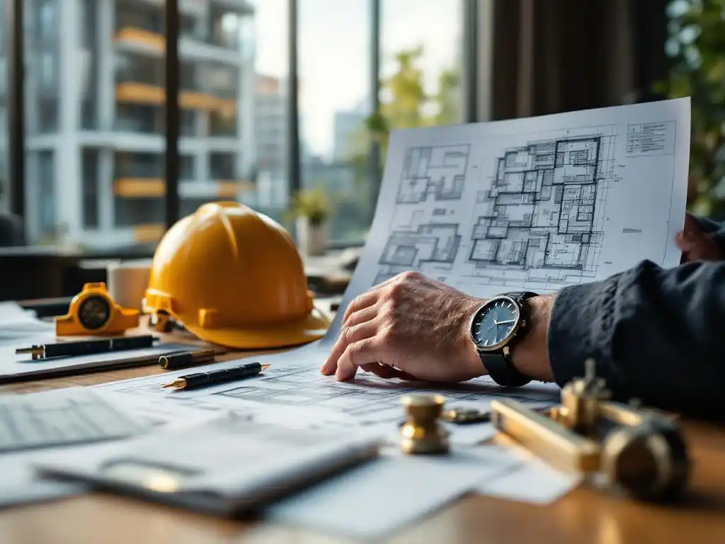 Architect houdt bouwplan vast en controleert horloge op bureau met helm en gereedschap, kantoor met bouwproject op achtergrond