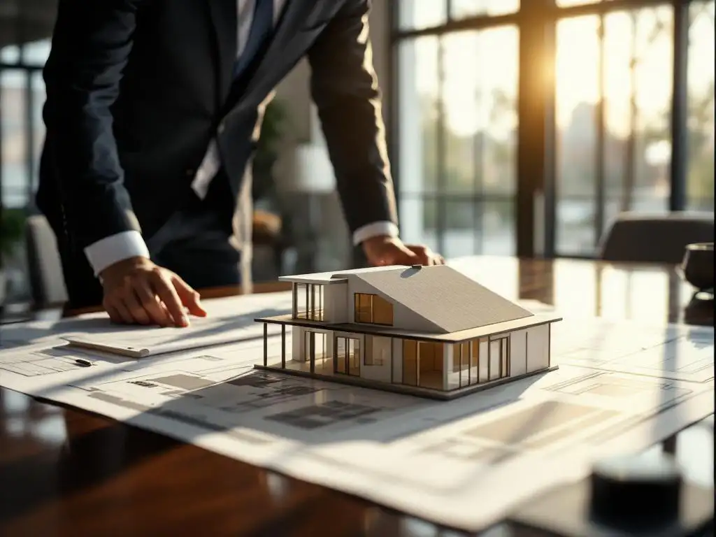 Architect in pak bestudeert bouwplannen aan conferentietafel met schaalmodel van kantoorgebouw op voorgrond