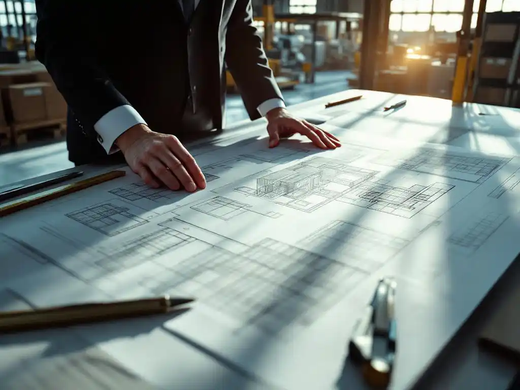 Architect in pak bestudeert bouwplannen op tekentafel in moderne fabriek met industriële machines op achtergrond