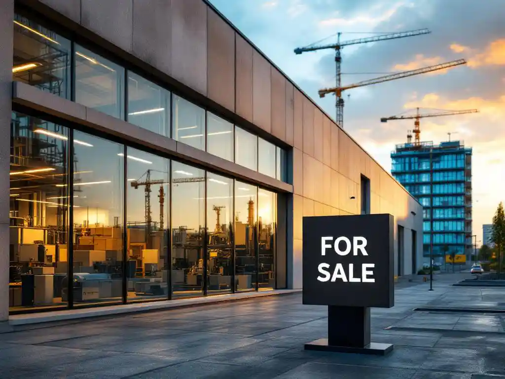 Industrieel gebouw te koop met grote ramen en productieapparatuur, bouwkranen op achtergrond, gouden uurverlichting