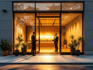 Zakeneigenaar verwelkomt klant bij moderne winkel met glazen gevel en elegante receptie tijdens gouden uur