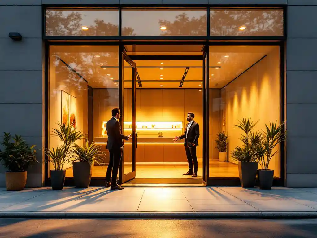 Zakeneigenaar verwelkomt klant bij moderne winkel met glazen gevel en elegante receptie tijdens gouden uur