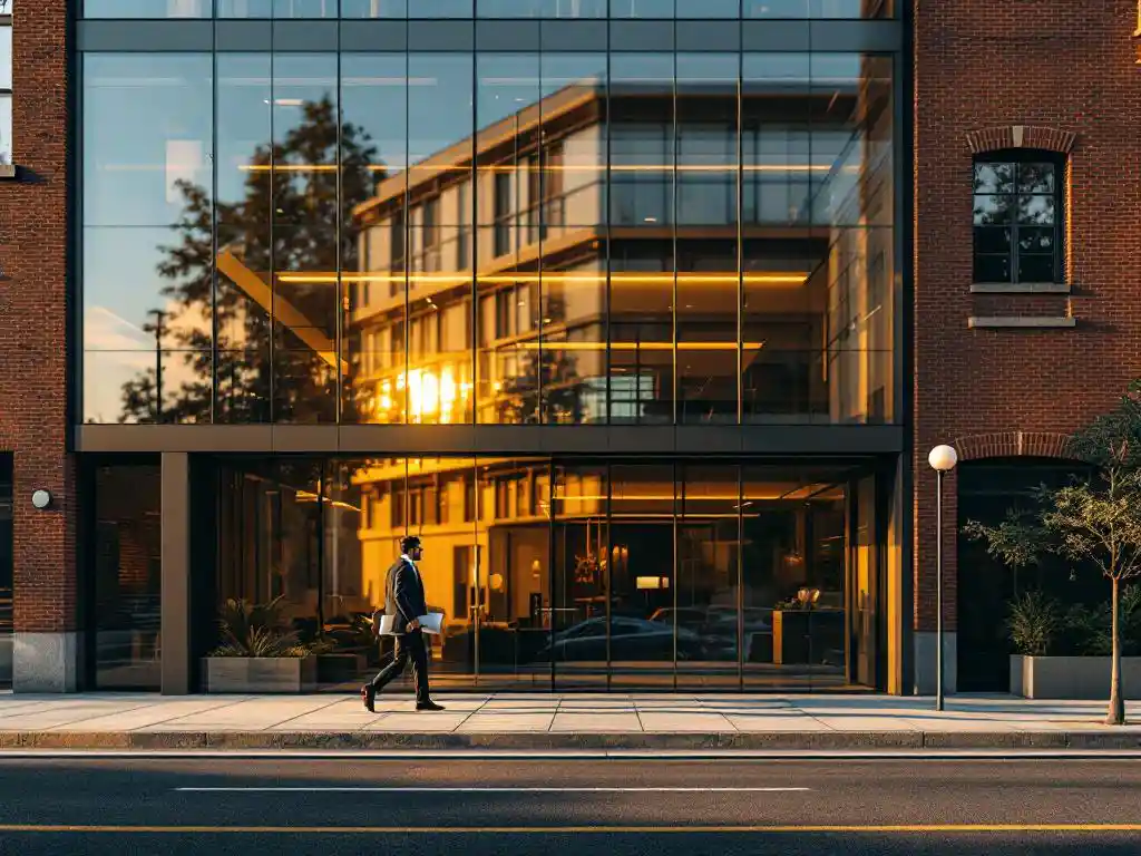 Zakenman met bouwplannen loopt naar modern glazen kantoorgebouw achter traditioneel bakstenen pand bij zonsondergang
